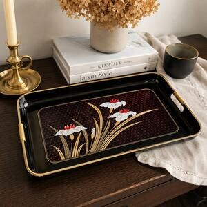 Otagiri Golden Mist Lacquer Service Tray Japan Black Gold Iris 18"